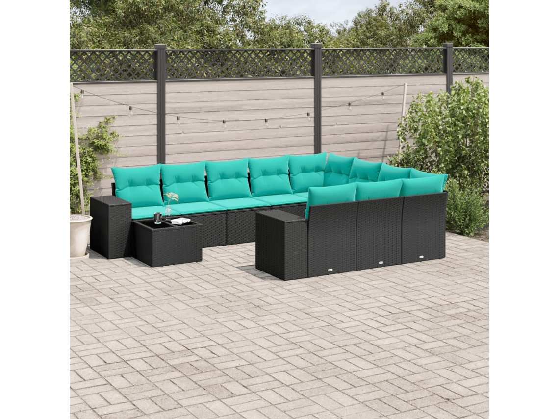 Vidaxl Conjunto De Sofá De Jardim Com 11 Peças E Almofadas Em Rattan Sintético Preto