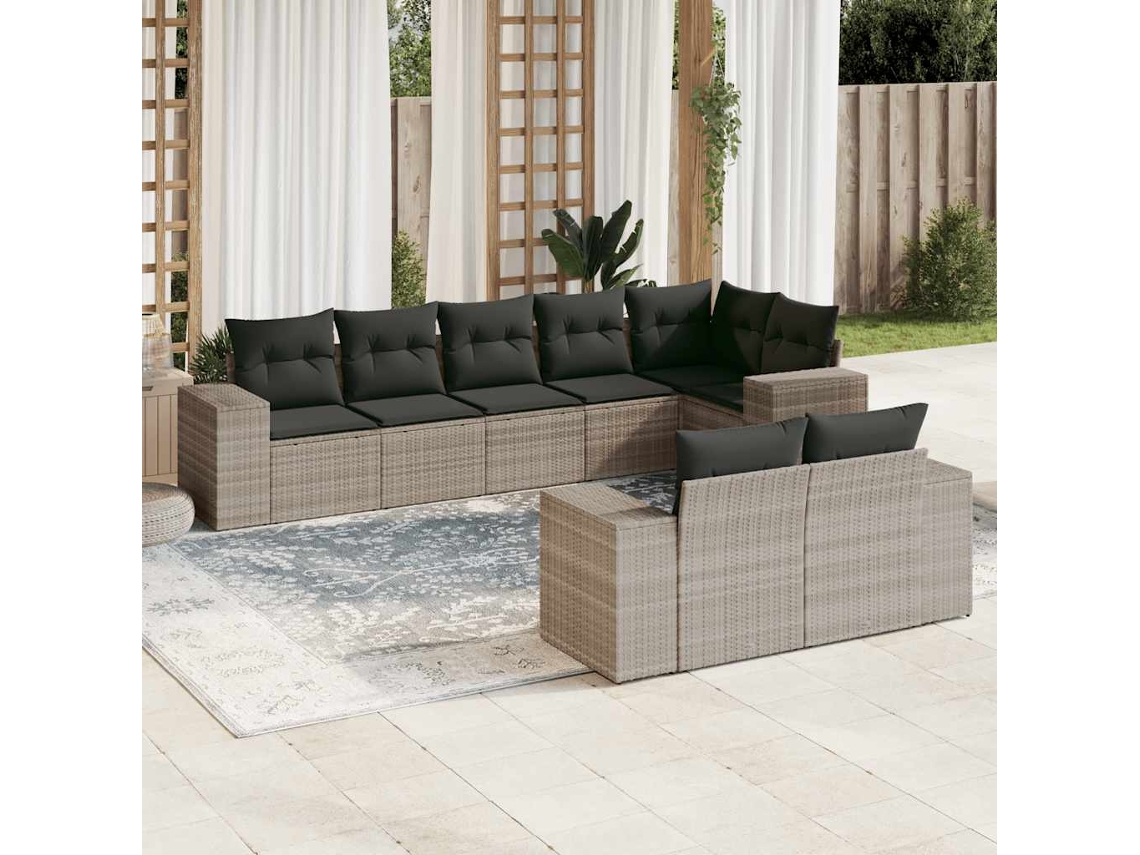 Vidaxl 8 Pcs Conj. Sofás Jardim C/ Almofadões Vime Pe Cinzento-claro