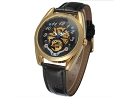 Relógio masculino Winner Hollow automático mecânico, resistente à água, preto e dourado.