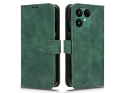 Capa de couro dobrável para Fairphone 6 com compartimentos para cartões e suporte ajustável, verde e resistente a impactos.