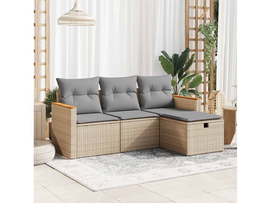 4 Pcs Conjunto De Sofás Para Jardim C/ Almofadões Vime Pe Bege Lovely Home