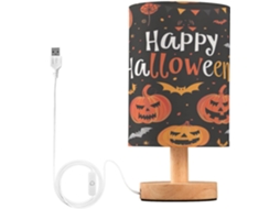 Luminária de mesa Skyshu LED em formato de cabeça de abóbora de Halloween, tamanho pequeno, com fonte de alimentação USB e base de madeira.