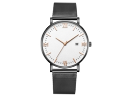 Relógio de pulso masculino mecânico de quartzo, esportivo, pulseira preta, caixa preta, ponteiros dourados, mostrador em ouro rosa, branco