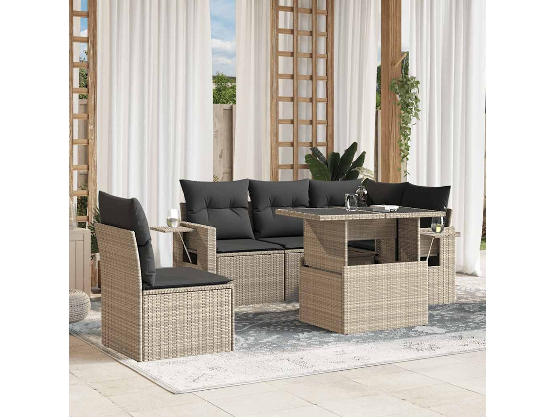 Vidaxl 6 Pcs Conj. Sofás Jardim Com Almofadões Vime Pe Cinzento-claro