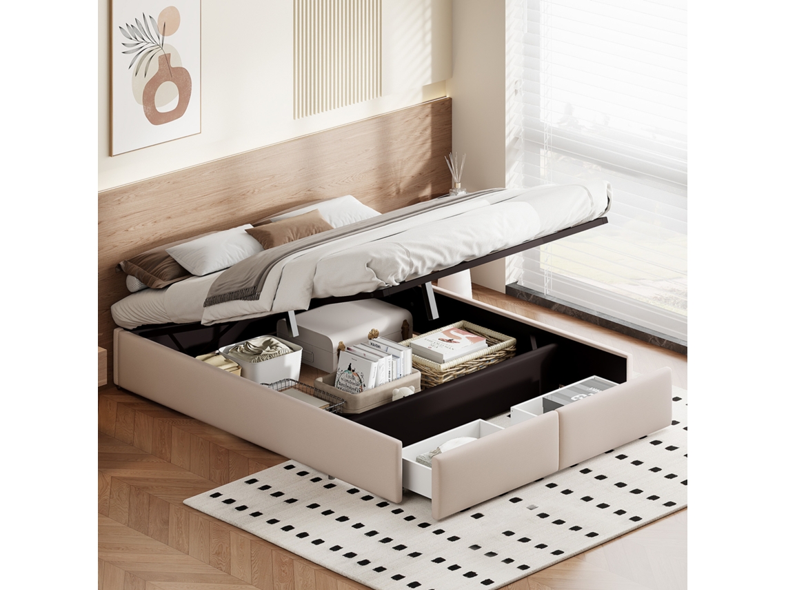 Cama De Casal Veyrixan 140x200 Cm Bege Sem Cabeceira Com Arrumação Baú Otomana E 2 Gavetas Em Linho Estofada 300 Kg