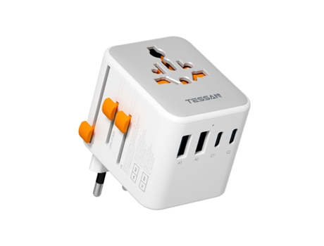 Adaptador de Viagem Universal 7 em 1 Tessan com 2 Saídas AC e 5 USB Carga Rápida