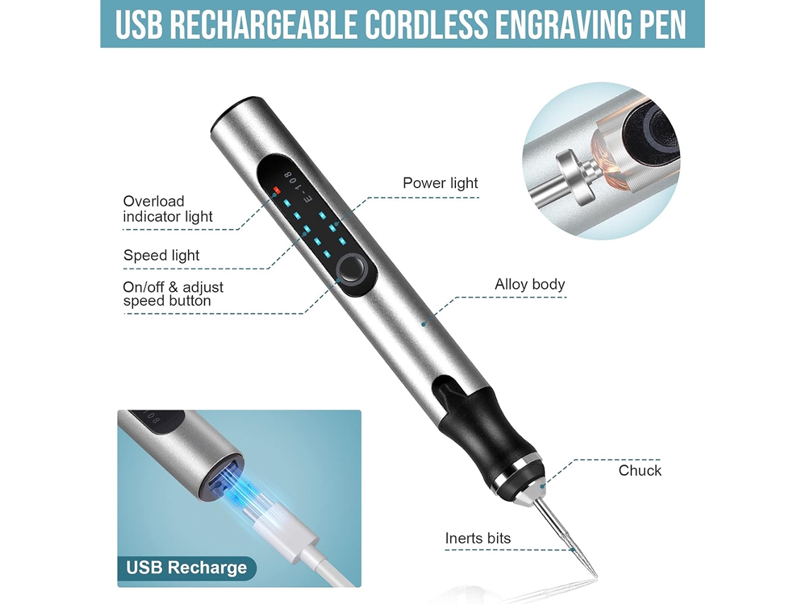 Máquina De Gravação E Escultura Multifuncional, 3 Níveis De Ajuste, 44 Acessórios, Usb Recarregável, Para Metal, Vidro, Pedra, Madeira