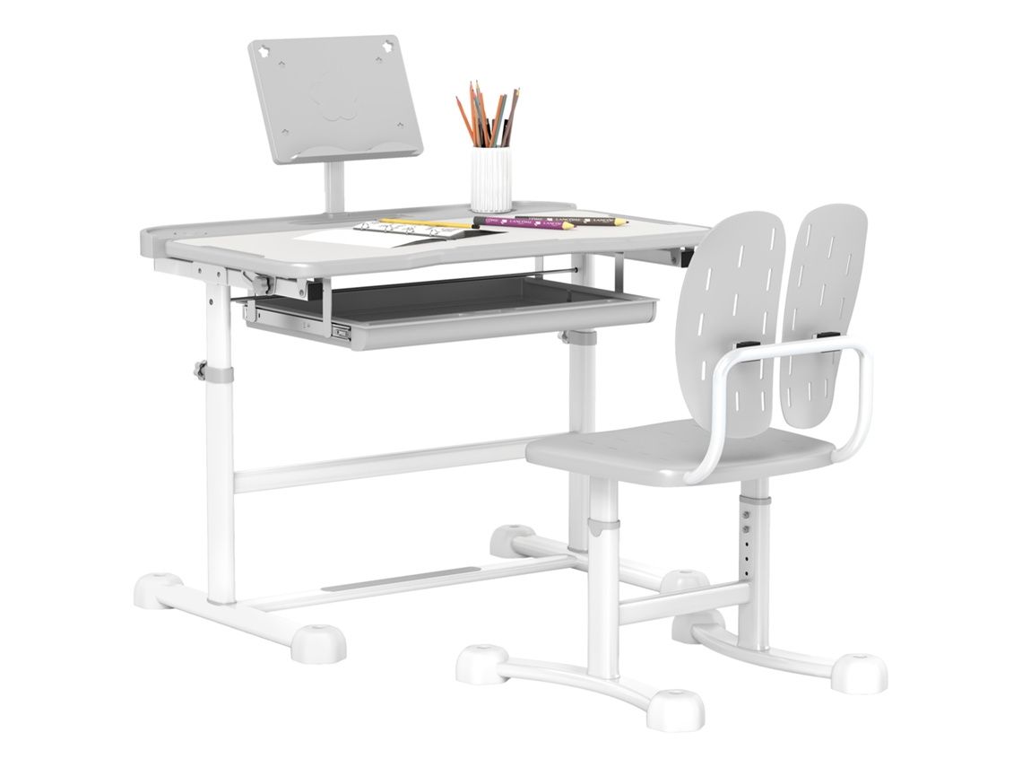 Mesa Infantil BTFORUS com Cadeira Ajustável, tampo Inclinado, gaveta, suporte para livros, cinza