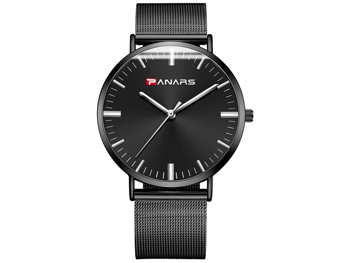 Relógio de pulso masculino moderno e simples, com mecanismo de quartzo e pulseira de malha em aço inoxidável (mostrador preto)
