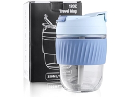 Taza de vidro com funda de silicone e tampa, 350ml, azul, marca