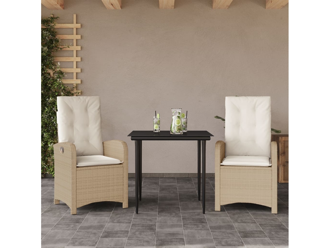 3 Pcs Conjunto De Jantar P/ Jardim Com Almofadões Vime Pe Bege Dkd Home Decor