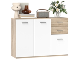 Aparador para sala de estar com 2 gavetas, 3 portas e prateleira ajustável, 106x35x76 Cm, branco e madeira natural