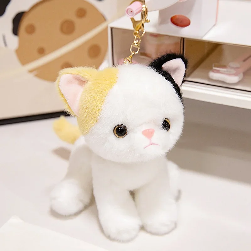 Chaveiro de Pelúcia de Gato Sentado, Fofo e Realista, 15cm, Bichinho de Pelúcia Macio MDUG (amarelo, Preto, Branco, 15cm)