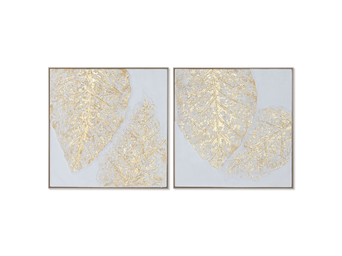 Pintura HOME ESPRIT Branco Dourado Tela Madeira MDF Moderno Folha de planta 82 x 4,5 x 82 cm (2 Unidades)