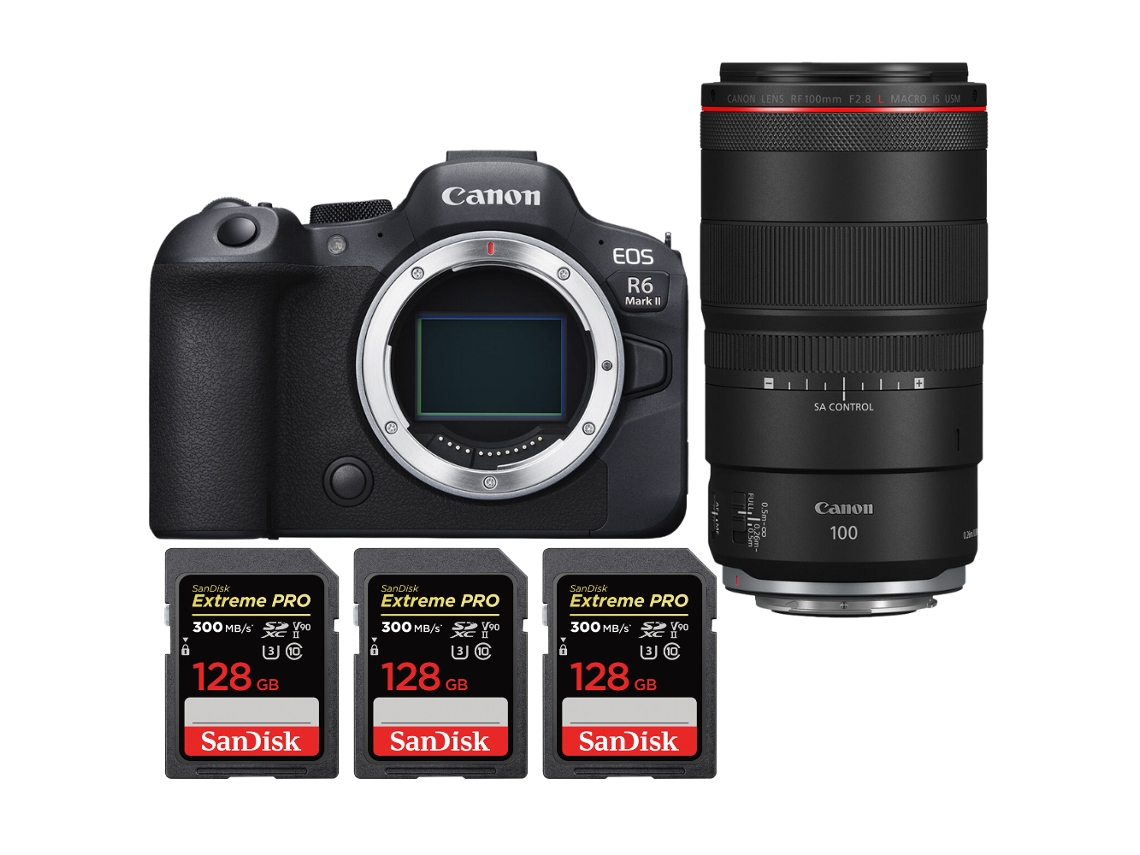 Eos R6 Mark Ii + Rf 100mm F/2.8 L Macro Is Usm + 3 Sandisk 128gb Uhs ii 300mb/s Máquina Fotográfica Híbrida + Ebook Pricedirect CANON