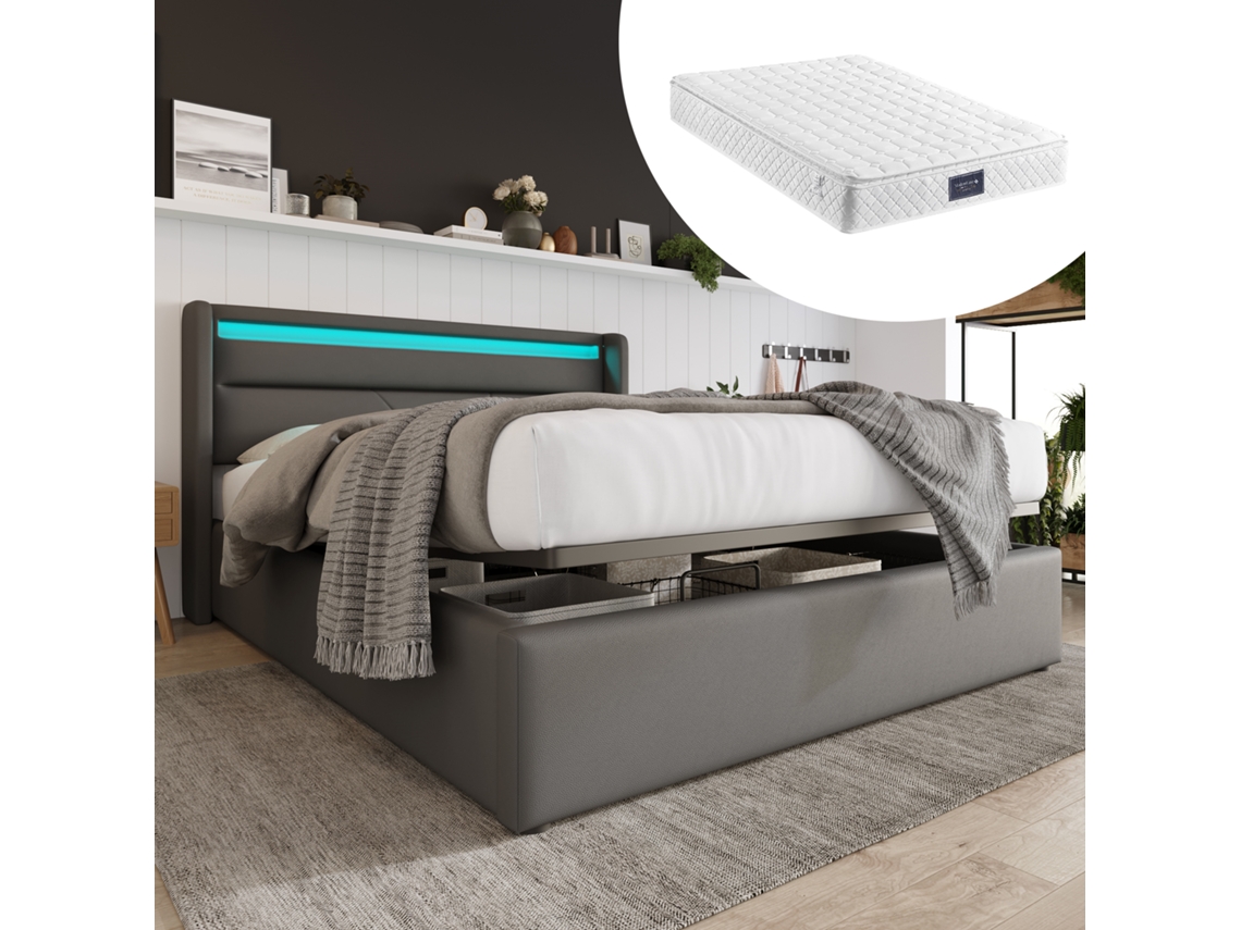 Cama 140x200 Cinza Com Led E Colchão