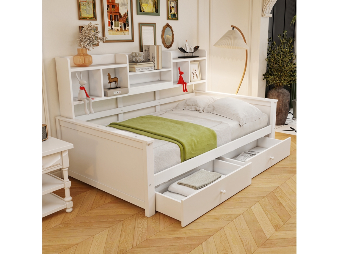 Sofá Cama Madeira 90x200 Maciça Com Gavetas E Prateleiras Infantil Juvenil