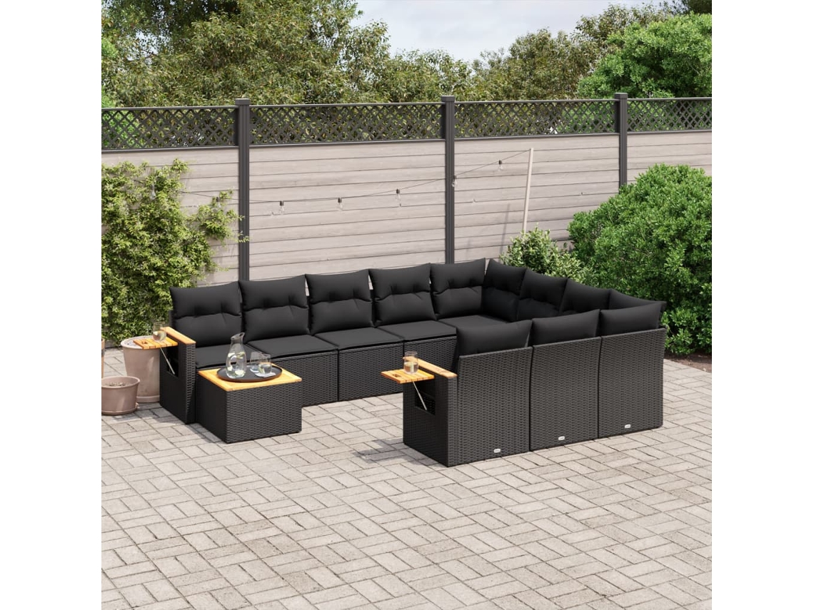 Vidaxl 11 Pcs Conjunto Sofás De Jardim C/ Almofadões Vime Pe Preto