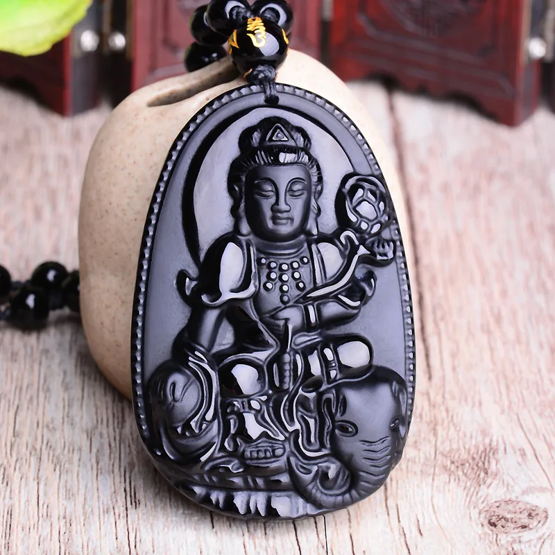 Colar com Pingente de Buda Amitabha, Colar com Imagem de Buda Esculpida em Obsidiana, Amuleto da Sorte MDUG (estilo 1)