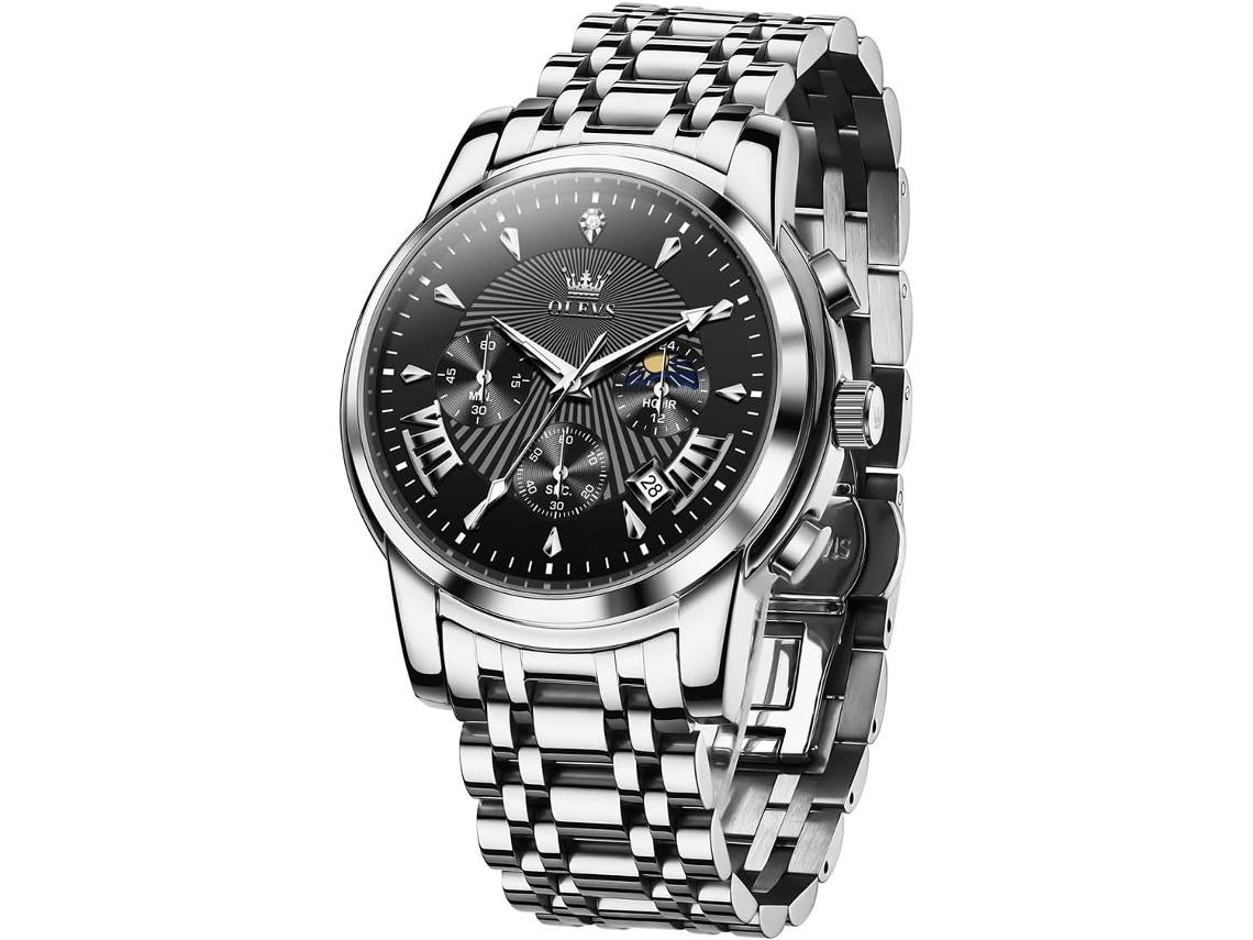 Lurelia Relógio Cronógrafo Masculino, Movimento De Quartzo, Analógico, Data/calendário, Luminoso, Aço Inoxidável, Resistente À Água 30m, Prata E Preto