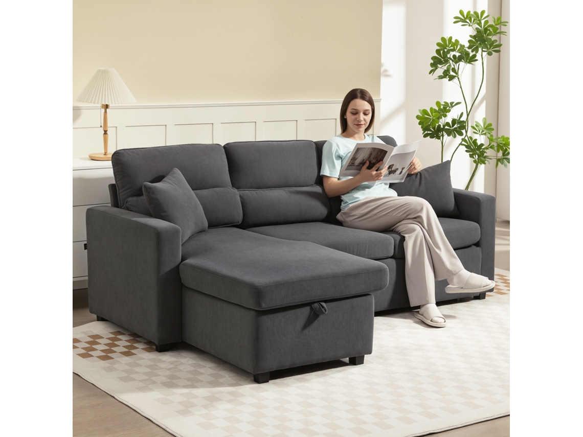 Sofá-cama Em L Na Cor Cinza Escuro, Com Baú Para Guardar Objetos E Almofadas Para Hóspedes