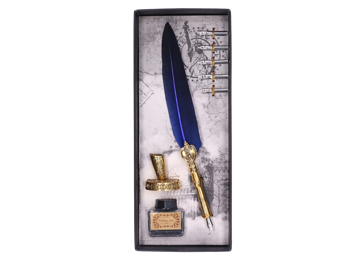 Pluma De Pluma Vintage Elegante Acero Inoxidable Suave Escritura Resistente Azul