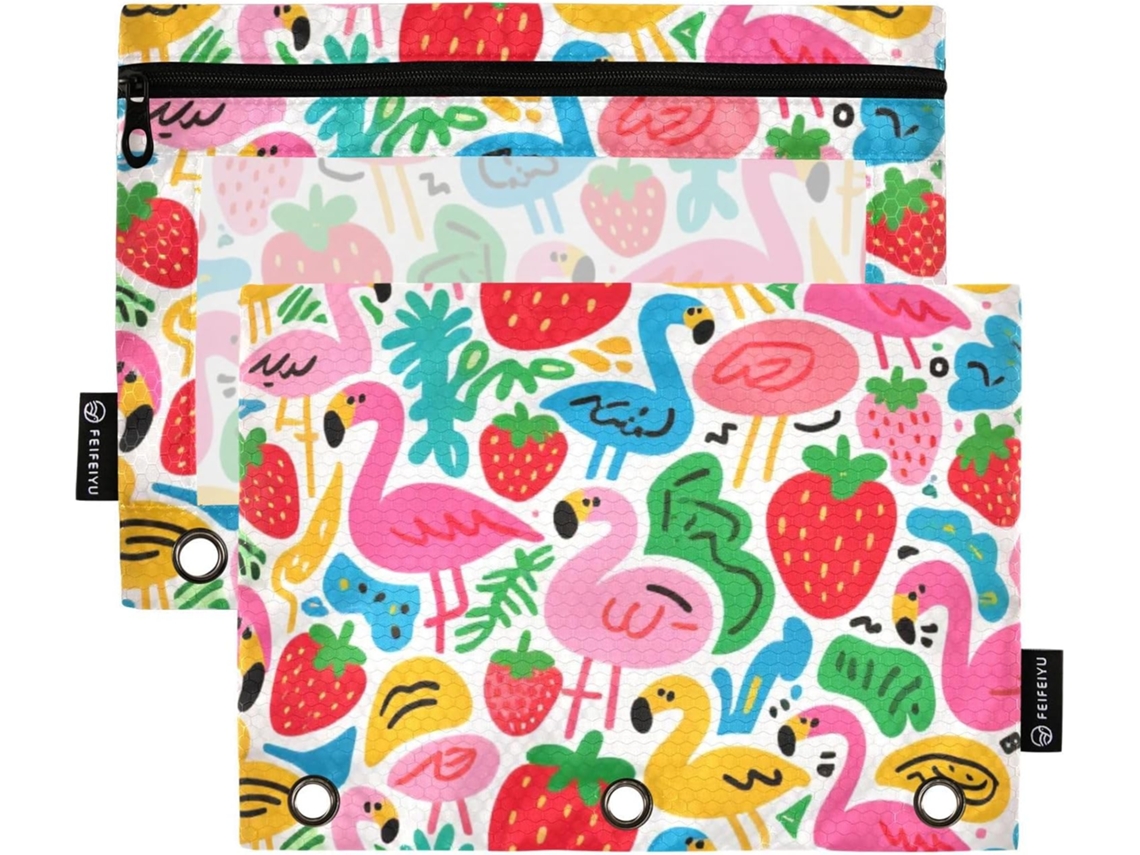 Pasta Com Fecho De Flamingo Rosa Morango E Estojo Transparente Lápis Em Várias Cores, Fichário De 3 Argolas