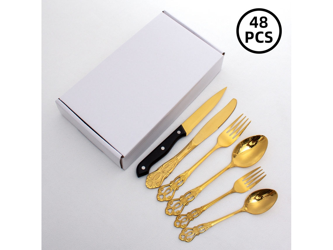 Conjunto De Jantar De 48 Peças - Dourado, Com Talheres E Colheres Em Aço Inoxidável Com Relevo Vazado.