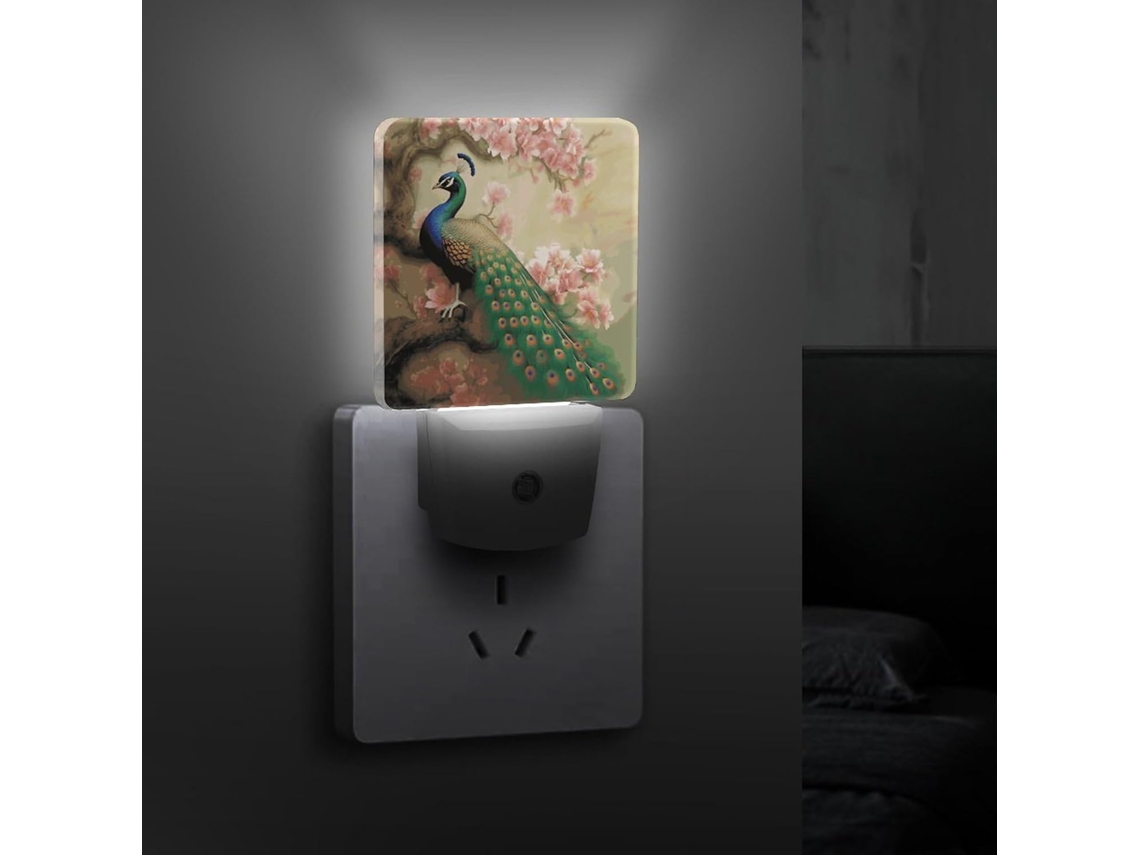 Luminária de parede Oriental Pavão em Árvore Florida, com sensor crepuscular, LED, plugue decorativo.
