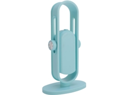 Mini luminária de mesa LED giratória com luz azul ajustável para leitura e trabalho relaxante.