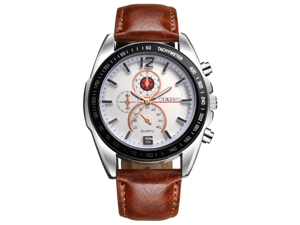 Relógio de pulso masculino analógico de quartzo com pulseira de PU macia (marrom e branco)