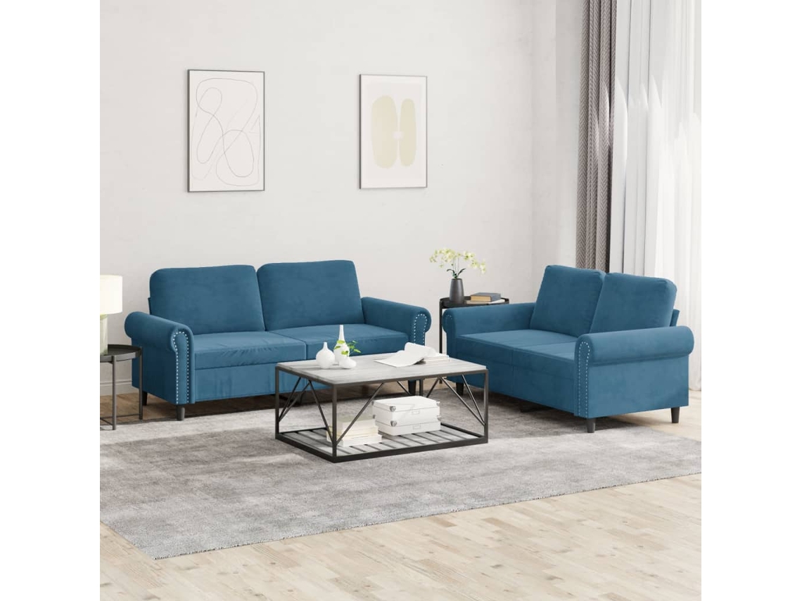 Vidaxl 2 Pcs Conjunto de Sofás com Almofadões Veludo Azul