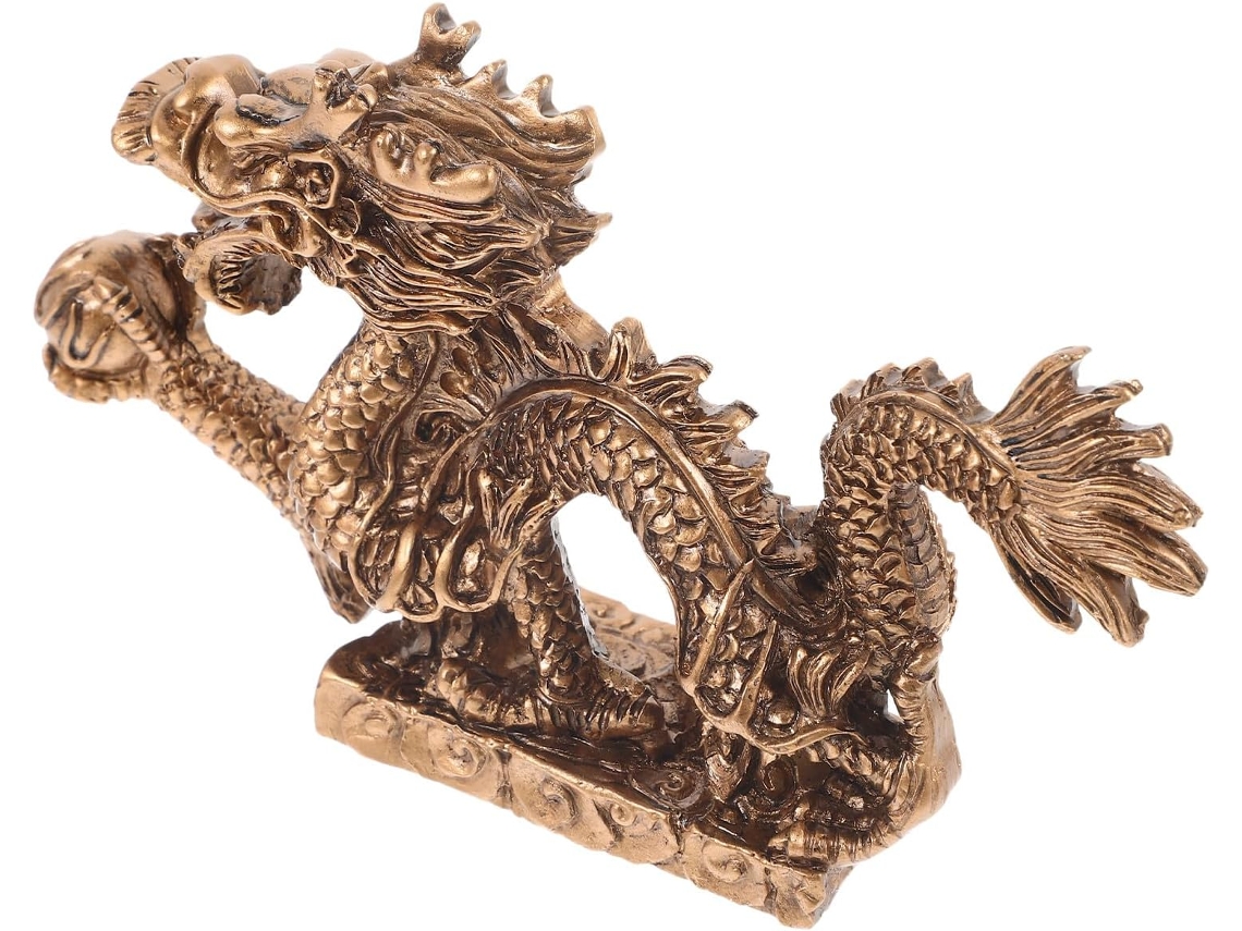 Estatueta Dragão Delicada Decorativa Resina Dourada Símbolo Riqueza Prosperidade Decoração Escritórios GOKOCO