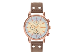 Relógio masculino moderno de quartzo com pulseira de couro PU, mostrador com detalhes em vermelho, detalhes em marrom escuro e dourado rosê.