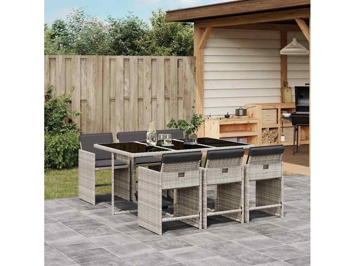 Vidaxl 7 Pcs Conj. Jantar P/ Jardim C/ Almofadões Vime Pe Cinza-claro