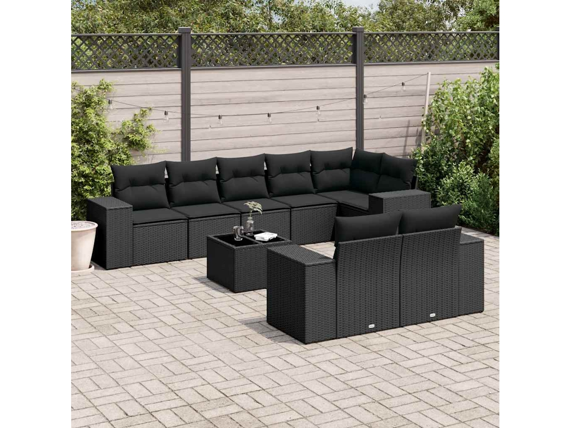 Vidaxl 9 Pcs Conjunto De Sofás P/ Jardim C/ Almofadões Vime Pe Preto