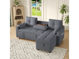 Sofá Canto L Modular 3 Em 1, Converte Em Cama, Com Armazenamento, Porta-copos Retrátil, 2 Almofadas, Linho, Cinza