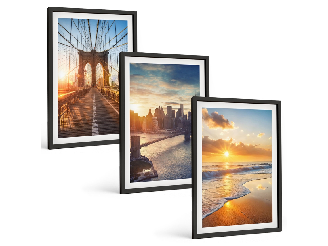 Um Conjunto De Imagens Decorativas Em Uma Moldura Pontes, Pôr Do Sol, Cidade Moldura Preta Fotos Para O Escritório Espelharte (3 Piezas De 40x60 Cm)