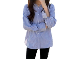 Camisa De Botões Feminina Listrada, Algodão Leve, Manga Longa, Casual E Formal, Ideal Para Trabalho E Ocasiões Especiais Azul