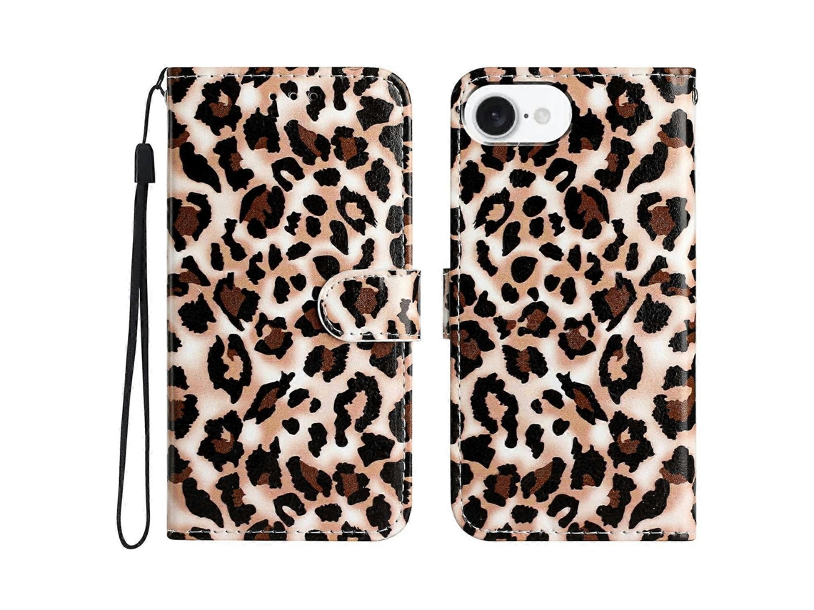 Capa Tipo Carteira Para Iphone 16e Com Estampa De Leopardo E Design De Couro