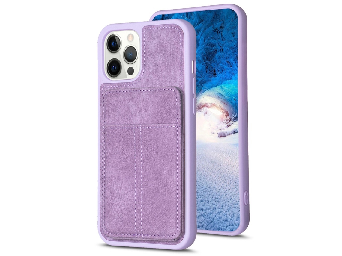 Capa Quedas Para Iphone 15 Pro Max Pele Sintética Com Porta-cartões Roxo