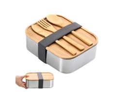 Caixa de Lanche de Aço Inox com Tampo de Madeira e Talheres