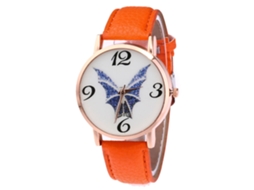 Relógio de quartzo com pulseira de couro PU para homens e mulheres com mostrador em formato de morcego (laranja)