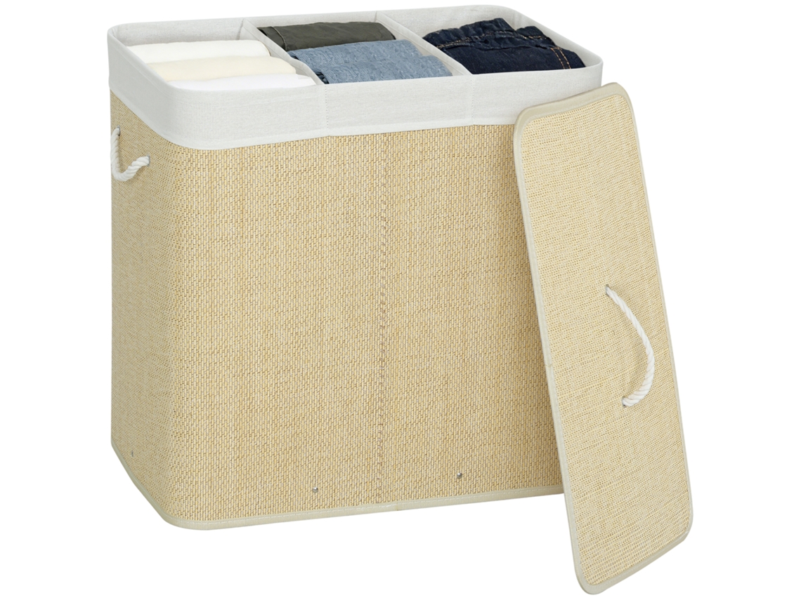 Cesto de roupa suja com tampa, 144l, de bambu, com 3 compartimentos, 60x40x60 cm, creme | S/MARCA