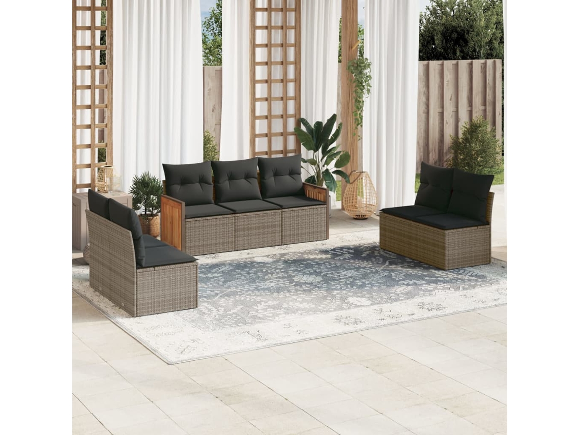 Vidaxl 7 Pcs Conjunto Sofás P/ Jardim C/ Almofadões Vime Pe Cinzento