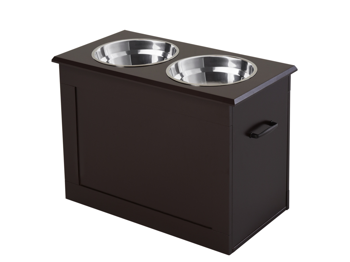 Comedouro Para Cães Com Armazenamento E 2 Tigelas Inox, Estação De Alimentação, 60x30x41 Cm, Café