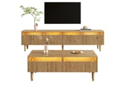 Móvel Led Moderno: Rack Tv 4 Portas E Mesa Centro 2 Gavetas – Design Madeira E Dourado, Luz Led, Frente Acrílica E Ondulada Para Sala Elegante.
