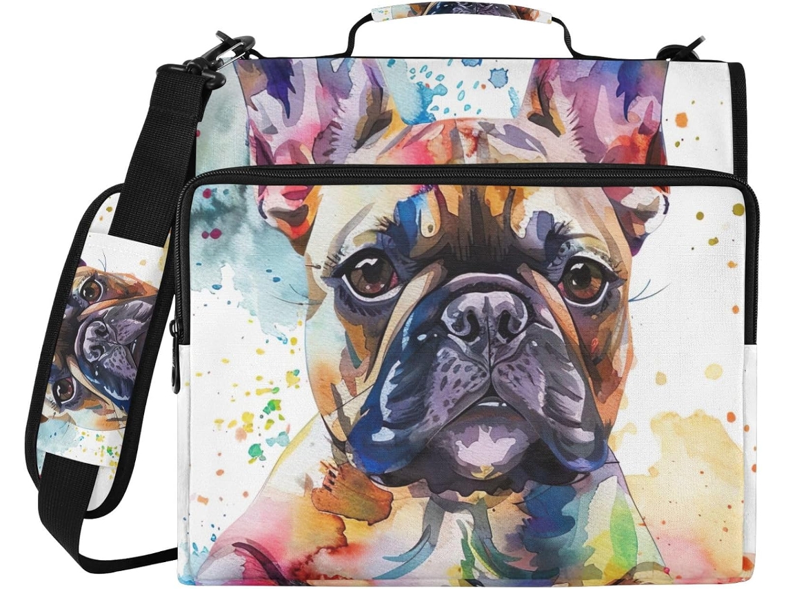 Pasta organizadora com estampa de buldogue francês em aquarela, com zíper, para escola e trabalho, com 3 argolas.