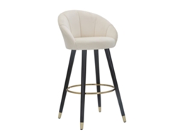 Banqueta De Bar Prague Em Veludo Creme E Madeira - 55x56x104 Cm - Pés Com Detalhes Dourados E Apoio Para Os Pés Circular, Estilo Elegante E Glamoroso.