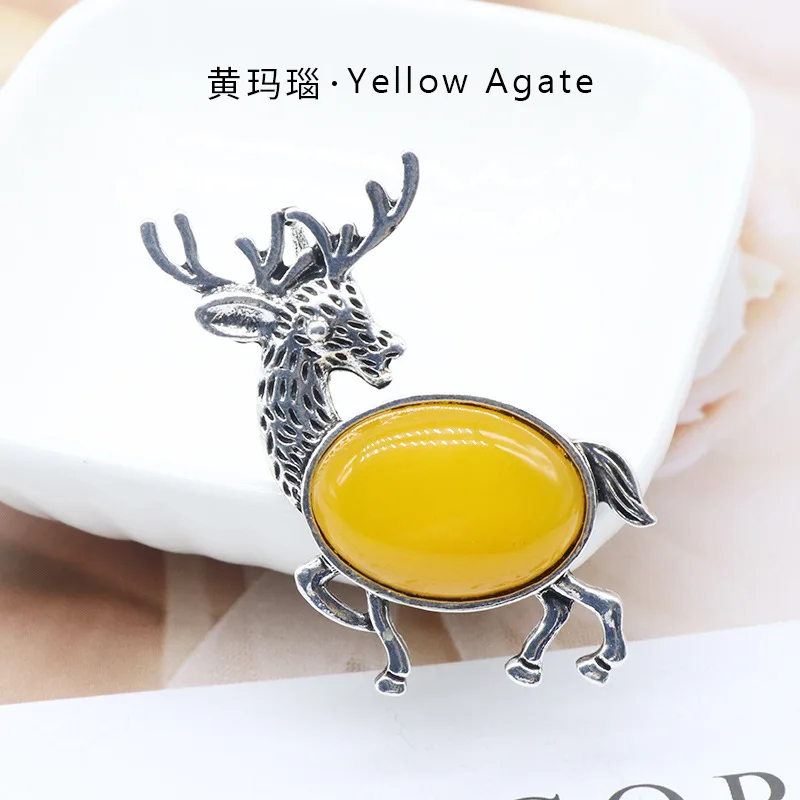 Colar com Pingente de Veado em Ágata Amarela Estilo Vintage, Broche de Concha com Pedra Preciosa Natural. MDUG